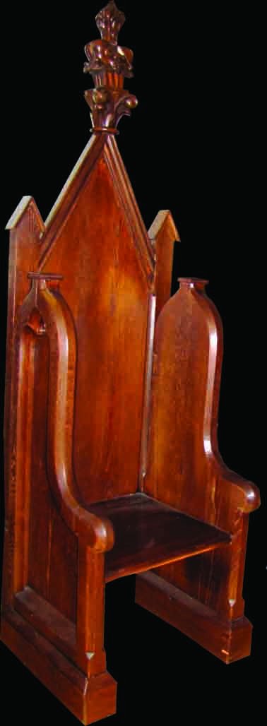 ANTIQUE AMERICAN OAK GOTHIC THRONE CHAIR 3805: Hard to find carved oak Gothic throne chair with decorative steeple finial. Dimensions: 78"H x 23.5"L x 22"W Age: 1900 Material: Oak