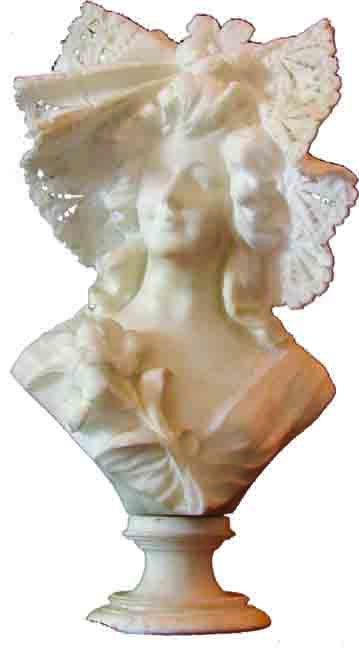 VICTORIAN ALABASTER LADY BUST PIERCED BONNET 2761: Elaborately detailed Victorian carved alabaster lovely lady bust with pierced bonnet. Age: C.1880. Measurments: 24" H x 13 1/2" W x 8" D. Material: Alabaster
