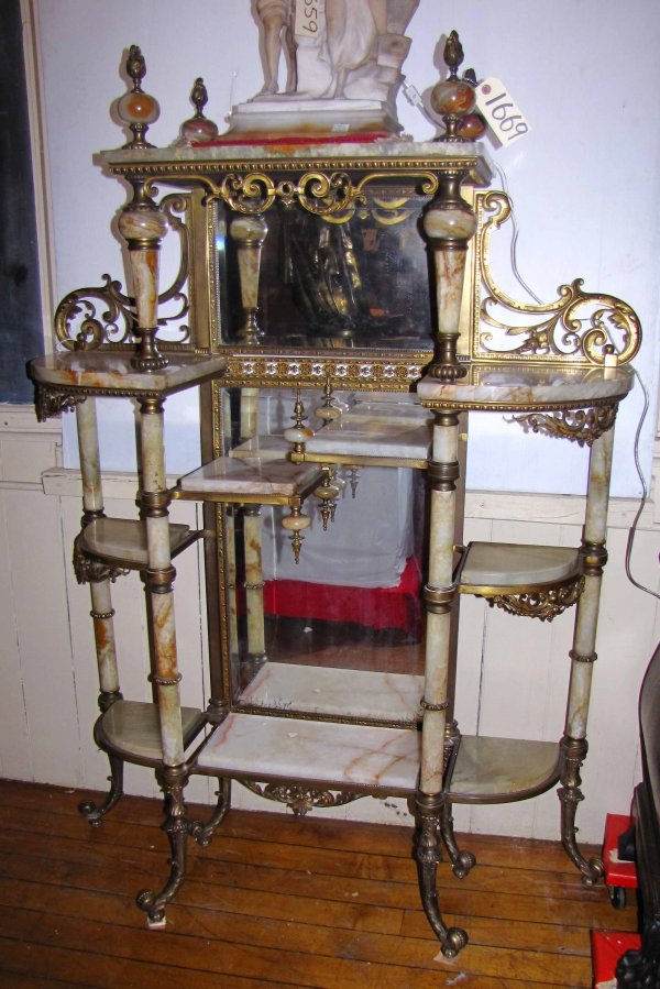 GREAT VICTORIAN BRONZE & ONYX ETEGERE 1669: Elegant onyx and brass étagère with decorative acanthus leave accents and oversized finials with onyx balls. Dimensions: 63?H x 47?W x 16?D. Age: C.1870. Material: Bronze & Onyz
