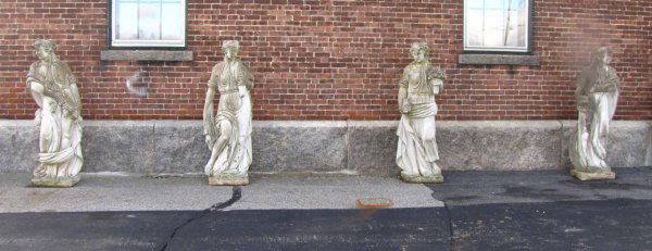 SET LIFE-SIZE STONE 4 SEASONS GARDEN STATUES 3794: Set of life-size stone 4 seasons lady figures with great patina. These are not brand new but not victorian either, they are approx. 20-30 years old and have been sitting outside all that time and have