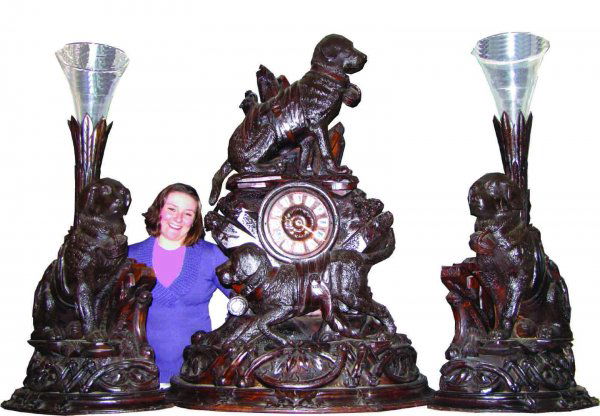COLOSAL 3PC BLACK FOREST ST BERNARD CLOCK SET 1512: A must have for any Black Forest dog enthusiast! The largest clock I’ve ever seen and to have the two matching side epergnes, impossible, yet here they are for your bidding pleasure! Each dog has gl