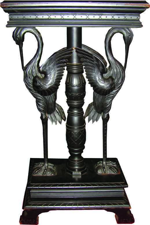 EBONIZED AESTHETIC CVD FIGURAL STORK PEDESTAL 3904: Incredible carved and incised Aesthetic movement pedestal with back to back storks and decorative center. Dimensions: 36.5"H x 20"W. Age: C.1870 Material: wood