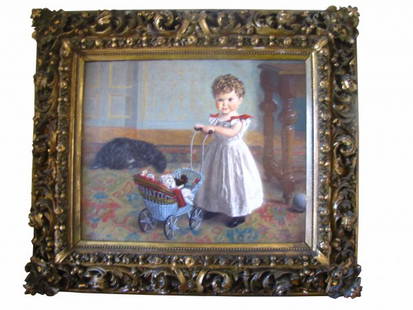 BERNIE WINTER O/C GIRL W/ DOLL CARRIAGE & DOG 3799: American oil on canvas of an adorable young girl with carriage, artist signed & dated, Bernie Winter 1897 Dimensions; 27"H x 31"W x 4"D Age: 1897 Material: Oil on Canvas in Wood Frame