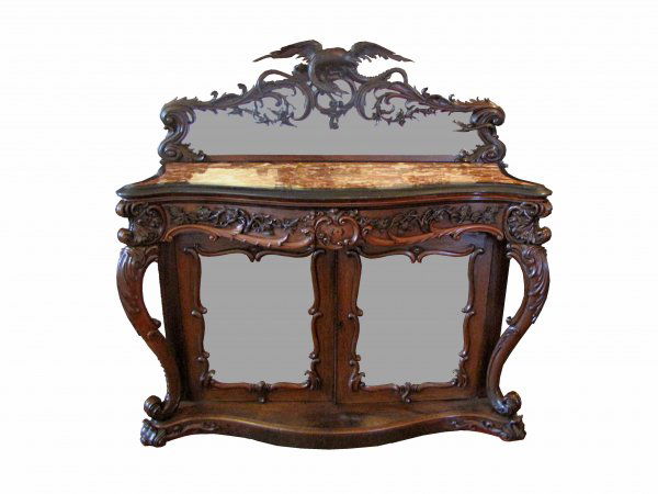 MARBLE TOP ROSEWOOD CRADENZA DRAGON & SERPENT 1675: Remarkable high relief carved rosewood rouge & black marble top credenza with mirrored doors and elaborately carved dragon going after a serpent crest. Dimensions: 63"H x 62"W x 25"D Age: 1860 Materia
