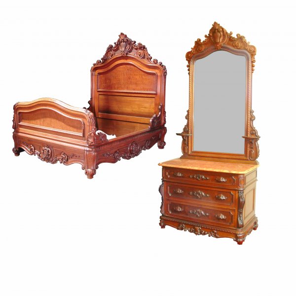 2 PC VICTORIAN BEDROOM SET ATTR DANIEL PABST 9441: Phenomenal two piece museum quality bedroom set attributed to Daniel Pabst features the design elements Pabst’s German ancestry is noted for. In carved walnut with burled panels, each piece is accen