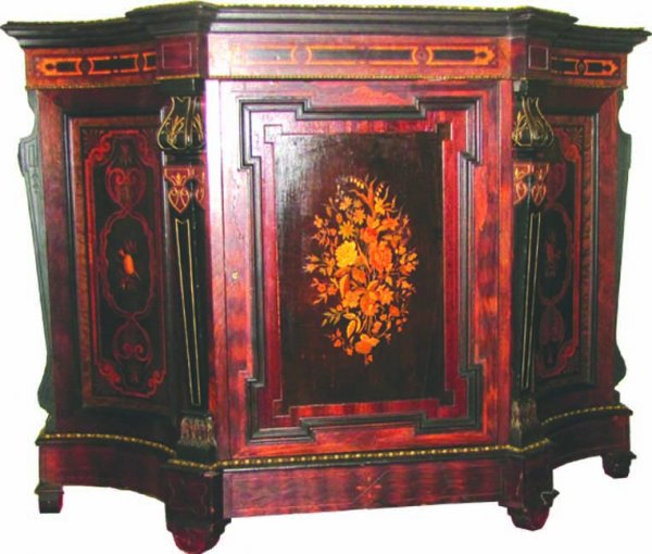 AMERICAN RENAISSANCE INLAID & BZ MN CREDENZA 3740: Exceptional high quality American Renaissance inlaid & bronze mounted credenza in a floral and musical motif. Dimensions: 43"H x 56"W x 18.5"D. Age: 1870 WE HAVE ACQUIRED A WHOLE COLLECTION OF G