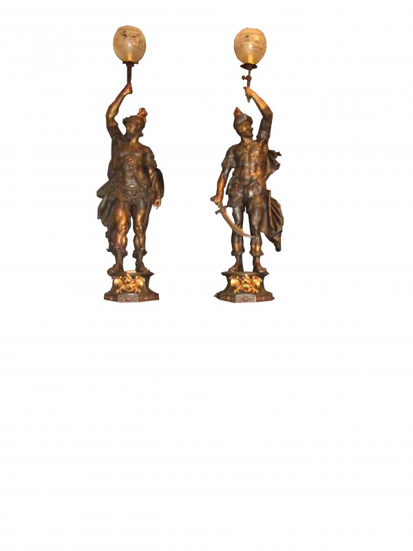 PR LG ANTIQUE KNIGHT GAS NEWELL POST LIGHTS 2920: By far, one of the largest and finest sets of newel post lights that Mitchell, Vance & Co. ever made! Their stature is impressive and their quality is unsurpassed! Each Knight, in two tone original pa