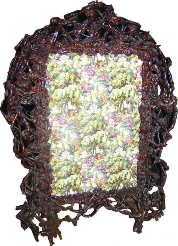 ANTIQUE ADIRONDACK ROOT & TAPESTRY FIRESCREEN 1625: Museum quality highly detailed Adirondack fire screen with needlepoint center and intertwined branches meticulously designed with original twists, turns, knots and roots. C.1870. 55.5"H x 42"W x 16"D