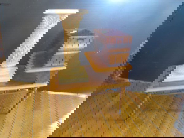 GROUP LOT;2 TONE TBL,PLASTER COLUMN&OAK MAG RACK1684: Group lot of 2 tone end table, plaster figural column, & oak magazine rack. Dimensions: tbl- 21"H x 28"L pedestal- 2'H Magazine Rack- 10"H x 15"W Age: circa 1970 Material: Oak & plaster