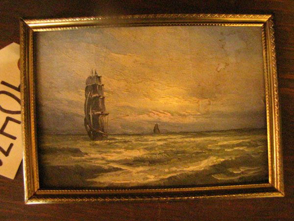MINI FRAMED OIL ON CANVAS OF SAIL BOAT AT SEA 4047g: Miniature framed oil on canvas of sail boat at sea Dimensions: 5"H x 7"W Age: 1910 Material: Canvas/paint/metal frame
