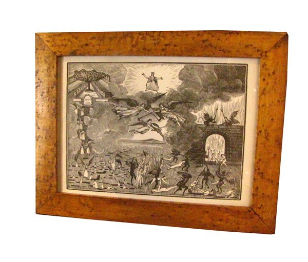 BIRDS EYE MAPLE FRAMED BLACK & WHITE PRINT (3964A): Black & white print entitled "The Last Judgement on Tableau" in bird's eye maple frame. Dimensions: 12.75"H x 16.5"W Age: 1900 Material: Birds Eye Maple, Glass, & Paper