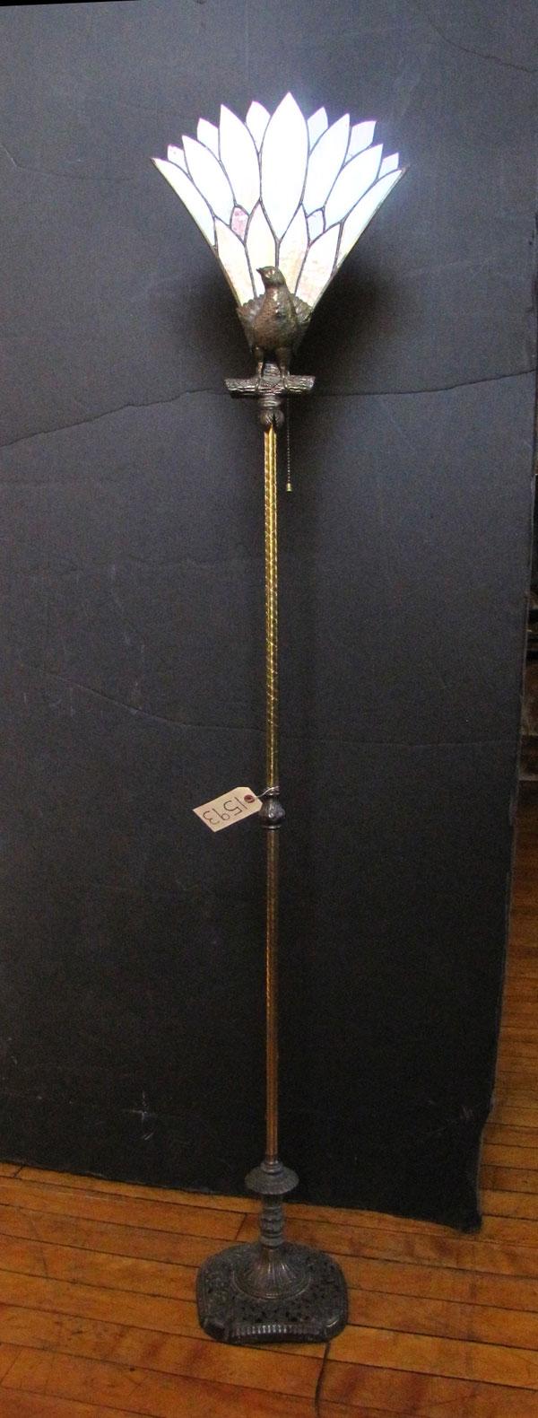 FLOOR LAMP W/ LEADED STAINED GLASS PEACOCK (1593): Floor lamp with peacock top with leaded stained glass wings. Dimensions: 67"H x 13.5"W Age: Contemporary Material: Stained glass