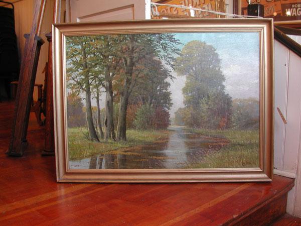 OIL ON CANVAS OF TREES NEAR WATER SIGNED (1718): Oil on Canvas of trees near water, Signed Leo Sten. Dimensions: 32.75"H x 44"W frame Age: Contemporary Material: Oil On Canvas