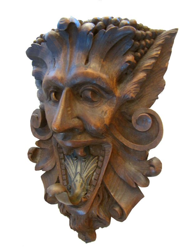 CVD WOOD BACCHUS HEAD COAT HANGER W/HOOKS 30188h: Nicely carved wood Bacchus head Coat hanger w/ bronze hook. Dimensions: 11.5"H x 9"D Age: 1890 Material: wood & bronze