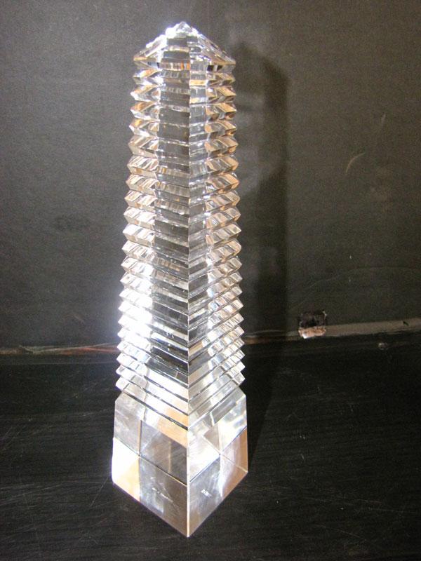 SGD TIFFANY & CO CUT CRYSTAL OBELISK PIECE (1657): Elaborate Signed Tiffany & Company cut crystal Obelisk piece. Dimensions: 10"H x 2.75"Sq Age: 1940 Material: Crystal