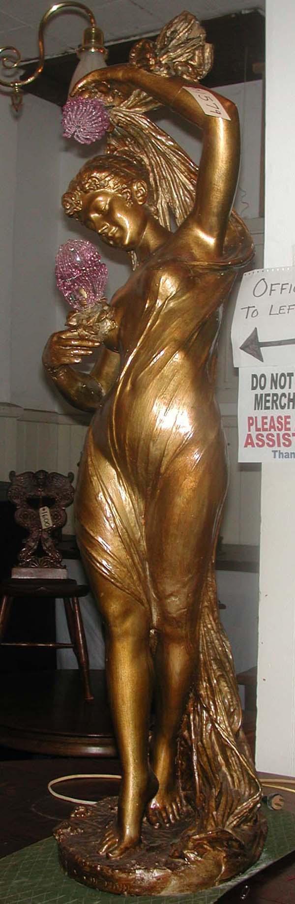 ANTIQUE 3/4 LIFESIZE ART NOUVEAU WOMAN LAMP 1579: Remarkable 3/4 lifesize Art Nouveau gesso woman with veil table or floor lamp with purple beaded bulb covers. AGE: C.1920. MEASURMENTS: 55"H X 13" W X 15.5" Depth MATERIAL: Gesso / plaster