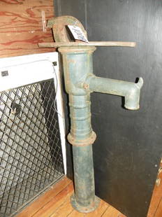 CAST IRON WATER PUMP W HANDLE (BROKEN) 1008: Cast iron water pump with handle broken off (but still there) 43"H x 18"W x 8"Dia base. C.1900. Material: Cast Iron