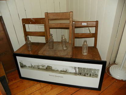 3 CHILDREN CHAIRS, 4 BOTTLES & PIX WORCESTER MA 1520: Lovely group lot of three childrens chairs, four glass bottles and panaramic view of Worcester 1910. sizes: vary. Age: C.1900. Material: glass, wood, photograph