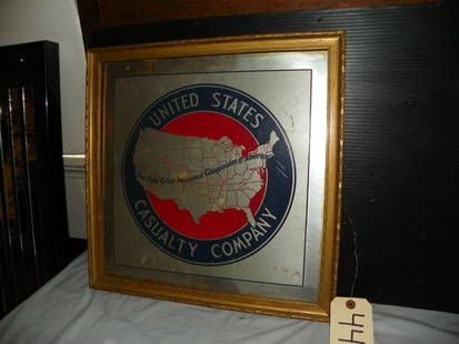 ORIGINAL TIN ADVERTISEMENT SIGN 4433: Original framed tin advertisement sign for United States Casualty Company. 17.75" Square. Age: C.1940. Material: Tin with wood frame.