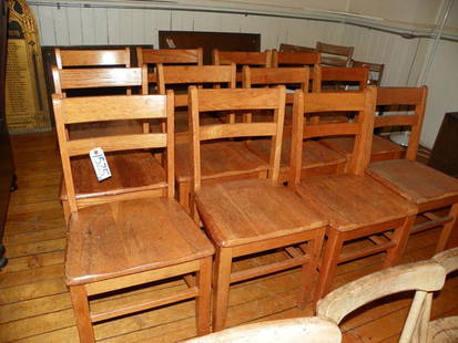 SET OF 12 OAK CHILDRENS CHAIRS 1525: Set of 12 oak childrens chairs. 29"H. Age: C.1900. Material: oak