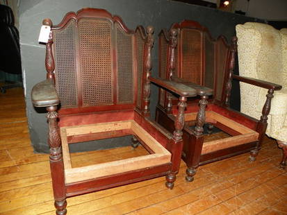 PAIR OF WICKER CHAIRS NEED SEAT CUSHIONS 1501: Pair of decorative column chairs with wicker backs, need seat cushions. 43.5"H x 32"W. Age: C.1940. Material: Carved wood and wicker