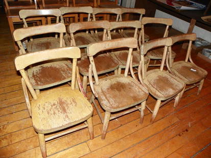 12 OAK SMALL CHILD CHAIRS W/BENT WOOD SUPPORTS 1509: Set of 12 oak small children chairs with bent wood supports. Size: 21.5"H x 13.5"W x 11"D Age: C.1900. Material: Oak