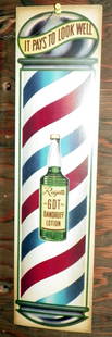 BARBER POLE ADVERTISEMENT 4357: Cardboard barberpole advertisement for Rayette Got Dandruff Lotion "It pays to look