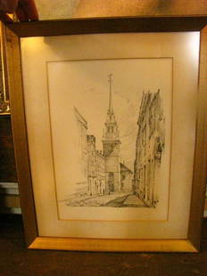 FRAMED PRINT OF OLD NORTH CHURCH, BOSTON SGD 1543: Framed and matted print of The Old North Church, Boston. 16"H x 13.25"W. C. 1940 Material: Framed print