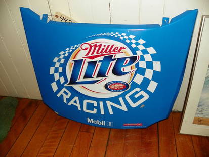 TIN RACING CAR HOOD WALL HANGING 4434: Tin Racing Car miniature hood advertisement for Miller Light. 23"H x 29"W. C.2006. Material: Tin.