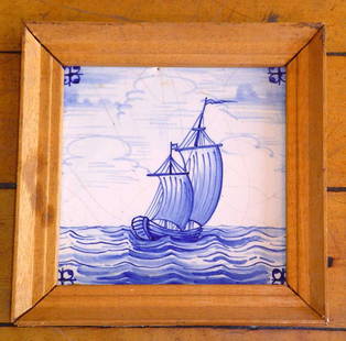 FRAMED BLUE DUTCH TILE OF SHIP 13861C: Framed blue Dutch tile of ship in full sail. Dimension: 7"H x 7"W Age: 1st half of 17th century Material: Tile