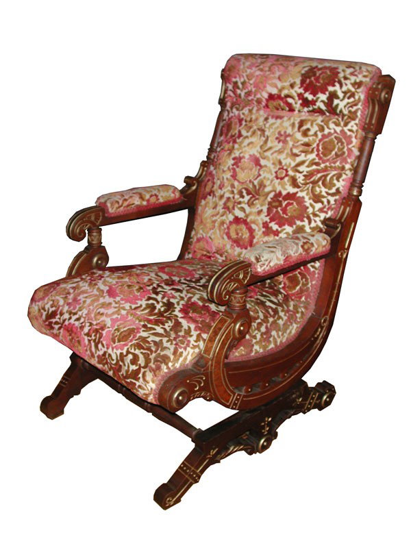AM. REN. CVD WALNUT PLATFORM ROCKER 1544: Rarely found American Renaissance carved walnut platform rocker with marvelous gilt incised detailing. Dimensions: 34"H x 24"W x 32"D Age: 1870 Material: Walnut