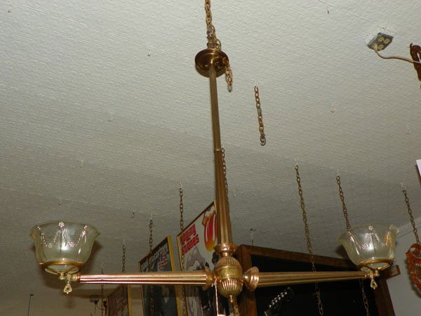TWO ARM GAS POOL TABLE LIGHT 683: Original two arm gas pool table chandelier. 35"H x 40"W. C.1880. Material: brass and iron.