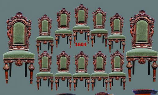 12 CVD WALNUT SIDE CHARIS W/ LADIES & FACES 1604: Set of 12 carved walnut side chairs with carved ladies, Northwind faces with seashell crest on the back rests with remarkable base featuring center bust with scrolled sides and column motif legs with