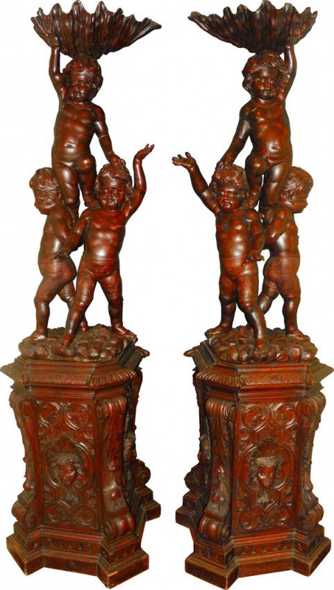 PAIR OF CVD WALNUT SCULPTURES W/ PUTTI'S (1614)