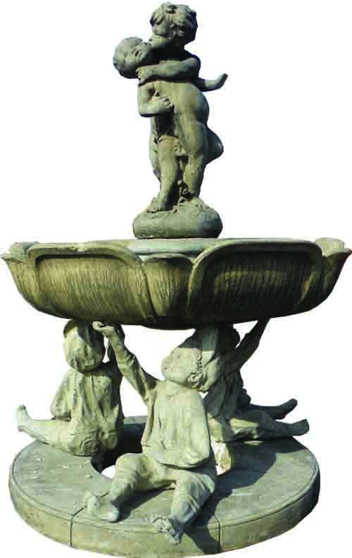 2 TIER FOUNTAIN W/ SITTING CHILDREN & CUPIDS 16096: Fantastic two tiered bird bath or fountain with three sitting children holding flower motif bowl with two embracing cupids on top. Dimensions: 70”H x 54”Dia.