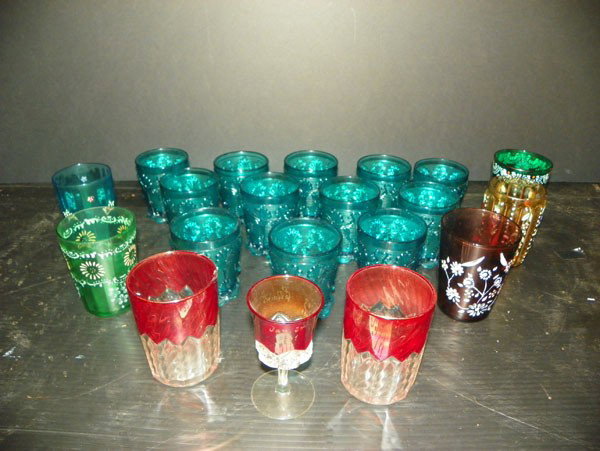 20 PC COLORFULL TUMBLER LOT TEAL ENAMELED RUBY 2214: 20 piece tumbler lot with 12 teal, 5 enameled and 3 ruby flash glass cups. Dimensions: Assorted Age: C.1900 Material: Glass