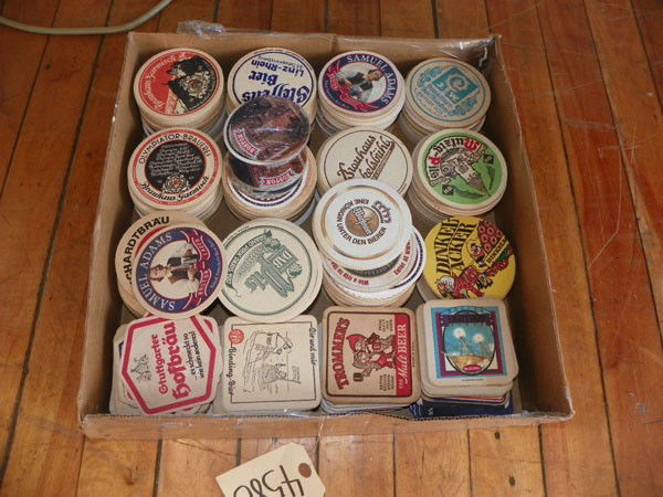 LG ASSORTMENT OF BEER DRINK COASTERS (4580): Large assortment of beer drink coasters. Dimensions: Approximately 4.5"Dia Each Age: Contemporary Material: Cardboard