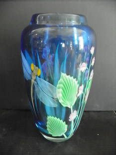 SGND LCT FAVRILE DRAGON FLY PAPERWEIGHT VASE 2285: Signed L C Tiffany Favrile glass paperweight vase with dragon fly and flowers. Dimensions: 12.25"H x 5.5:"D Age: Materials: Glass