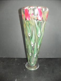 SGND LC TIFFANY FAVRILE GLASS PAPERWEIGHT VASE 2287: Signed L C Tiffany Favrile art glass paperweight vase with roses. Numbered 463. Dimensions: 15.75"H x 5.5"D Age: Materials: Glass