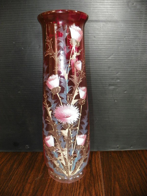 RUBY GLASS VASE 2297: Pinte ruby large glass vase with enameled flowers. Dimensions: 15"H x 5"Dia. Age: C 1900. Materials: Glass.