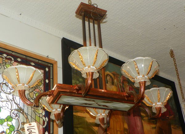 ART DECO POOL TABLE LIGHT W/ UNIQUE SHADES 1665: Art Deco French billiard pool table chandelier with unique gold highlighted shades. Dimensions: 29.5"H x 45"W x 28"D Age: C.1920 Material: Metal & Glass