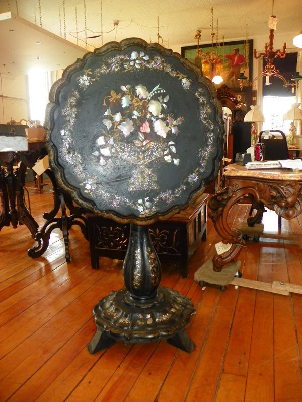 VICTORIAN MOTHER OF PEARL PAPER MACHE TABLE 2235: Outstanding Victorian Paper Mache tilt top table with floral Mother of Pearl Inlay. Dimensions: Table: 28.5"H Top: 24"Dia. Tilted: 42.5" H