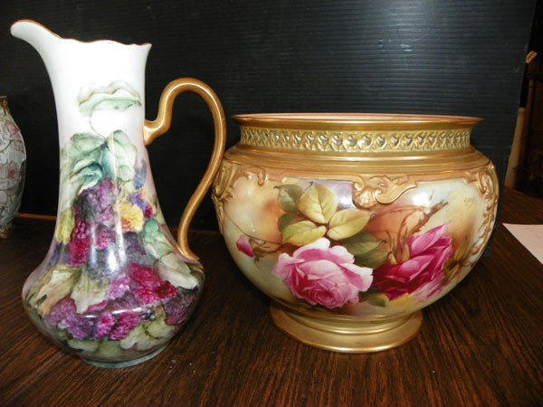 ROYAL WORCESTER & AUSTRIA PLANTER & PITCHER 2279: Royal Worcester planter with hand painted flowers signed EJ Bray. Royal Austria pitcher with grapes. Dimensions Planter 7.25"Hx 10"D Pitcher 10"H Age: C 1900. Materials: Porcelain