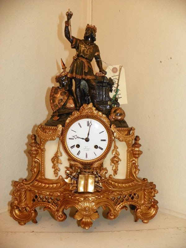 EARLY SPELTER & MBL CLOCK LEYSZ A.NANCY 9916064: Early spelter and marble clock of king holding sword. Face marked: Leysz Anancy.l 19"H x 13.5"W x 5"D. C.1820. Material: Spelter & marble