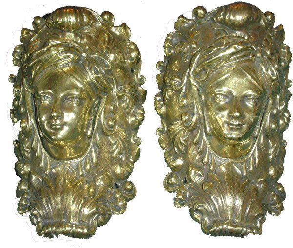 PR BRONZE LADY HEAD MECHANICAL POOL POCKETS 14231A: Pair of cast bronze Jenny Lind head pool pockets. Dimensions: 8"H x 5"W x 4"D Age:C.1820 Material: Bronze