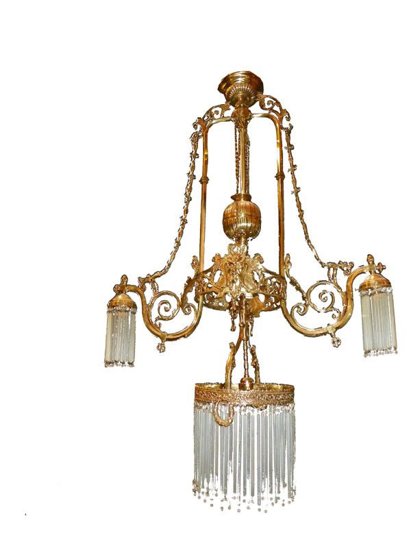 VICTORIAN BRONZE GAS CHANDELIER W/ PRISIMS 99015: Amazing Victorian cast bonze gas chandelier with pull down center, Atlas faces, wreaths, decorative rings & chains, and blown long prisms. Would make a great pool table light. Dimensions: 46"H x 34"W