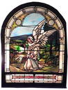 604: SIGNED TIFFANY ARCH TOP ANGEL WINDOW 1551