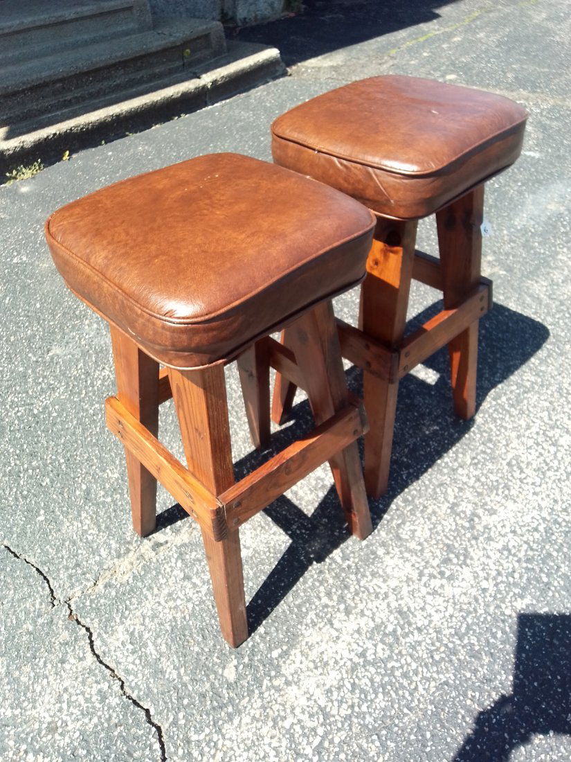 Pair Of Comfortable Vintage Cottage Pine Bar Stools With Nice Plush