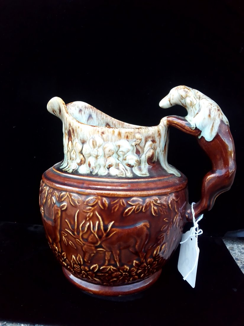 Awesome Harker Rockingham reproduction pottery pitcher with dog handle and deer (1 of 6)