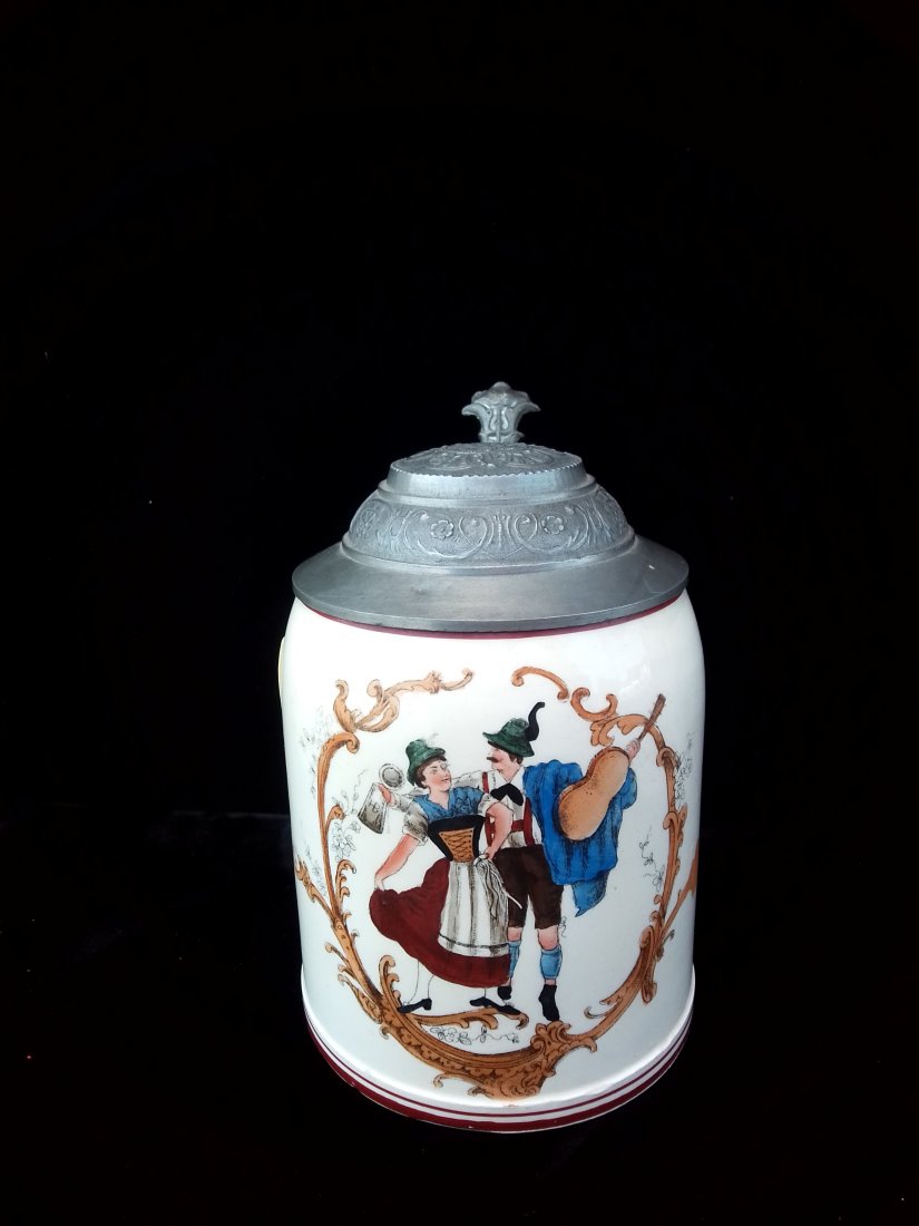 Antique 1/2 Liter German Stein with pewter lid festive scene of a couple (1 of 8)